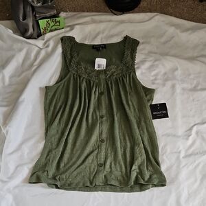 Absolutely Famous Olive Green Button-Down Lace Trim Gauze Top